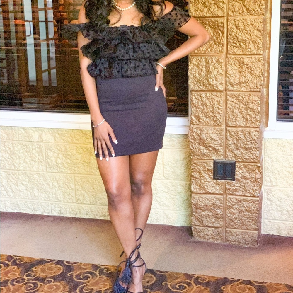 Zara polka dot off the shoulder little black mini dress